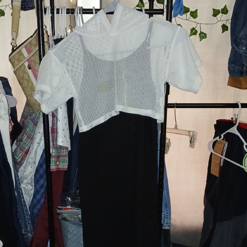 Kids White Mesh Hoodie Crop Top w/Black Dress